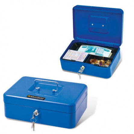 Ящик для денег, ценностей, документов, печатей, 90х180х250 мм, ключевой замок, синий, BRAUBERG, 290335 фото 1